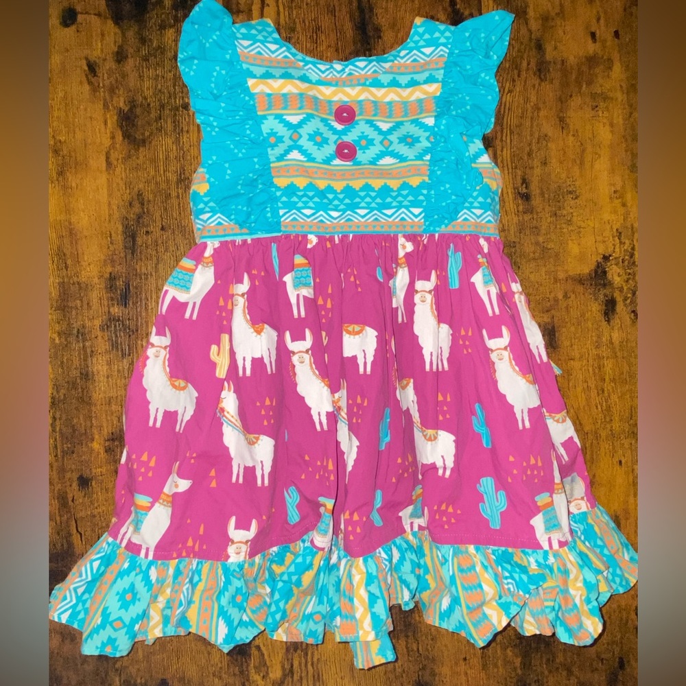 Girls Eleanor Rose Llama Dress Size 4-5 purple teal